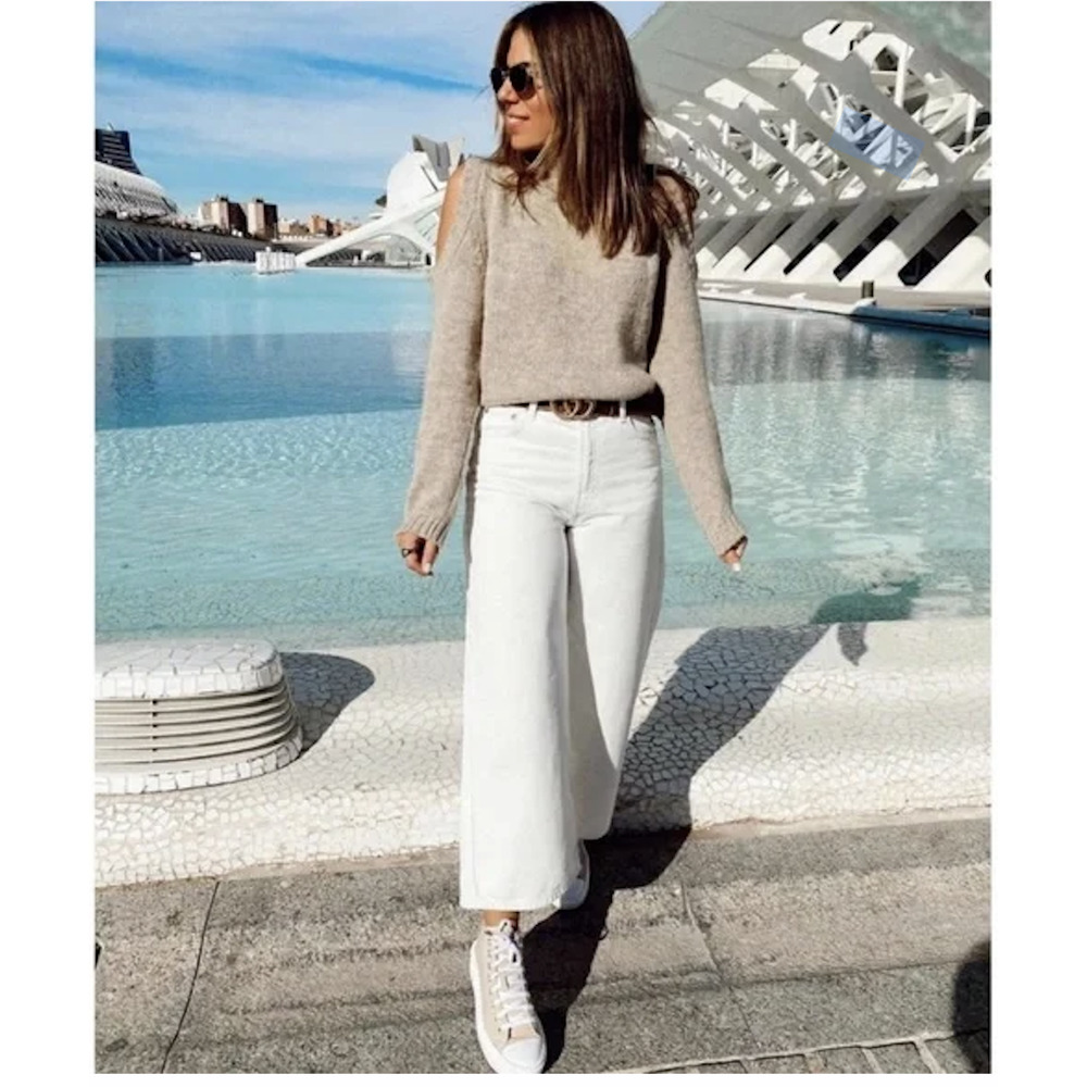 Zara Wide Leg Raw Hem White Jean
